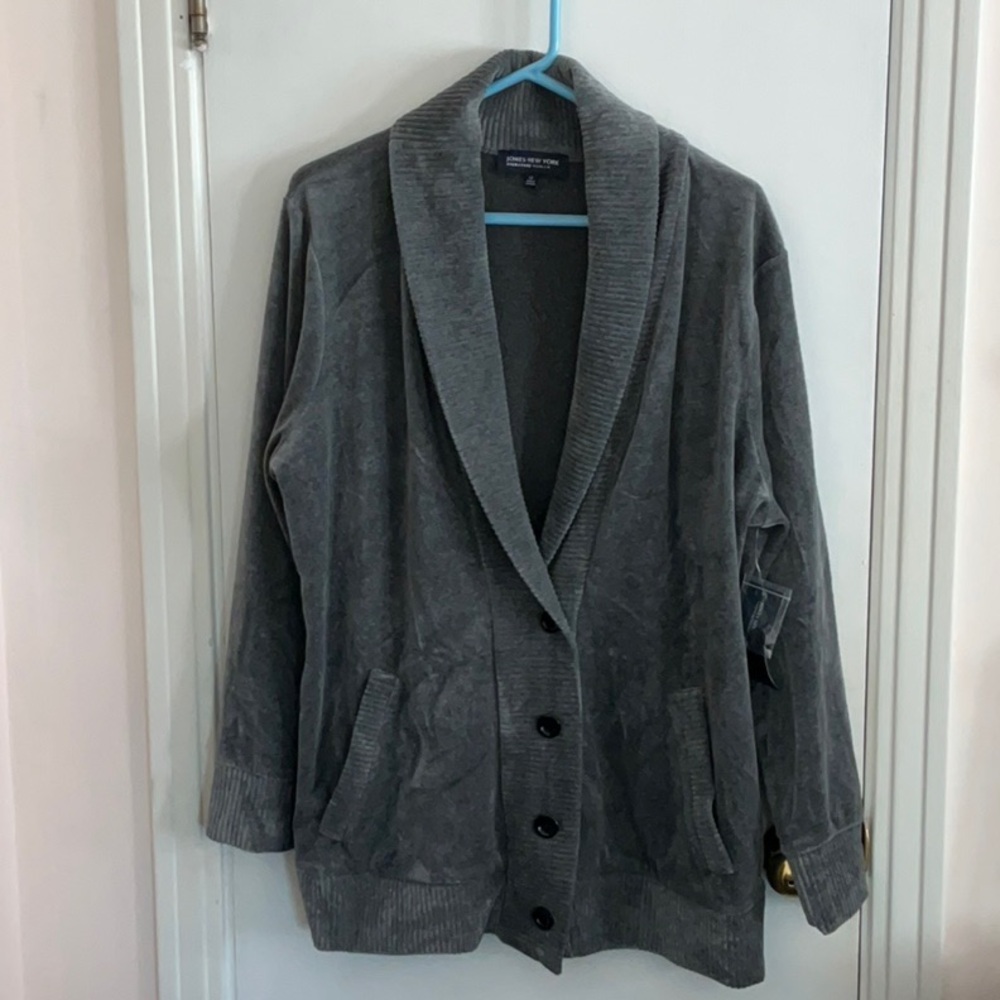 Jones New York Ribbed Gray Cardigan with Ribbed Trim and Pockets 1X